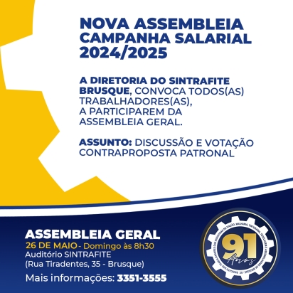 Sintrafite convoca trabalhadores para NOVA Assembleia da Campanha Salarial domingo, 26 de maio